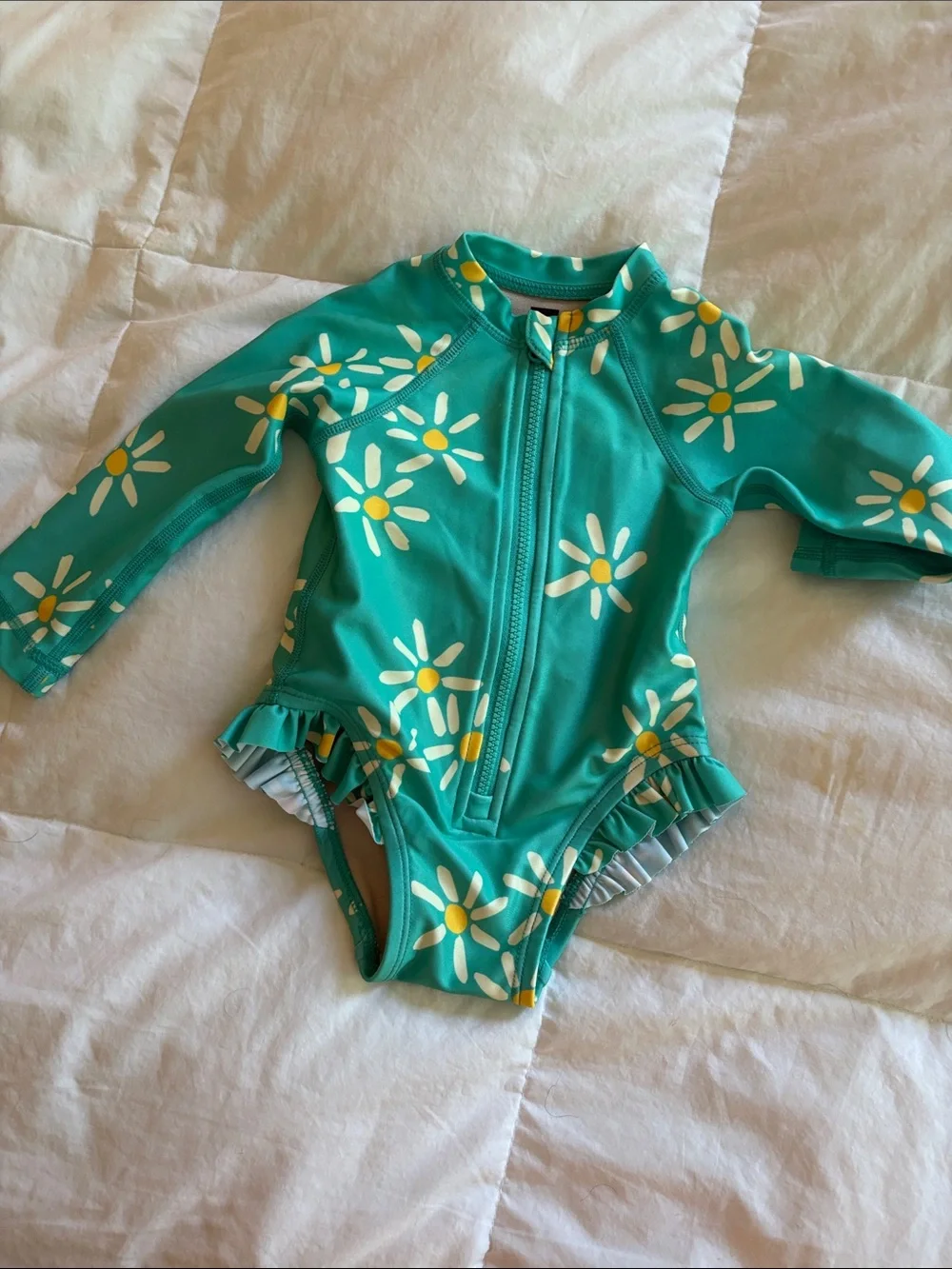 Tea Collection Teal Daisy Zip-Front Long-Sleeve Swimsuit